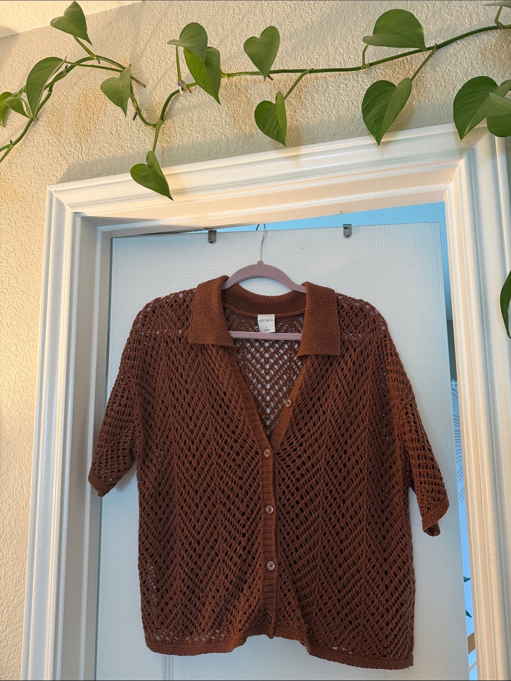 Brown Openwork Button-Up Knit Top